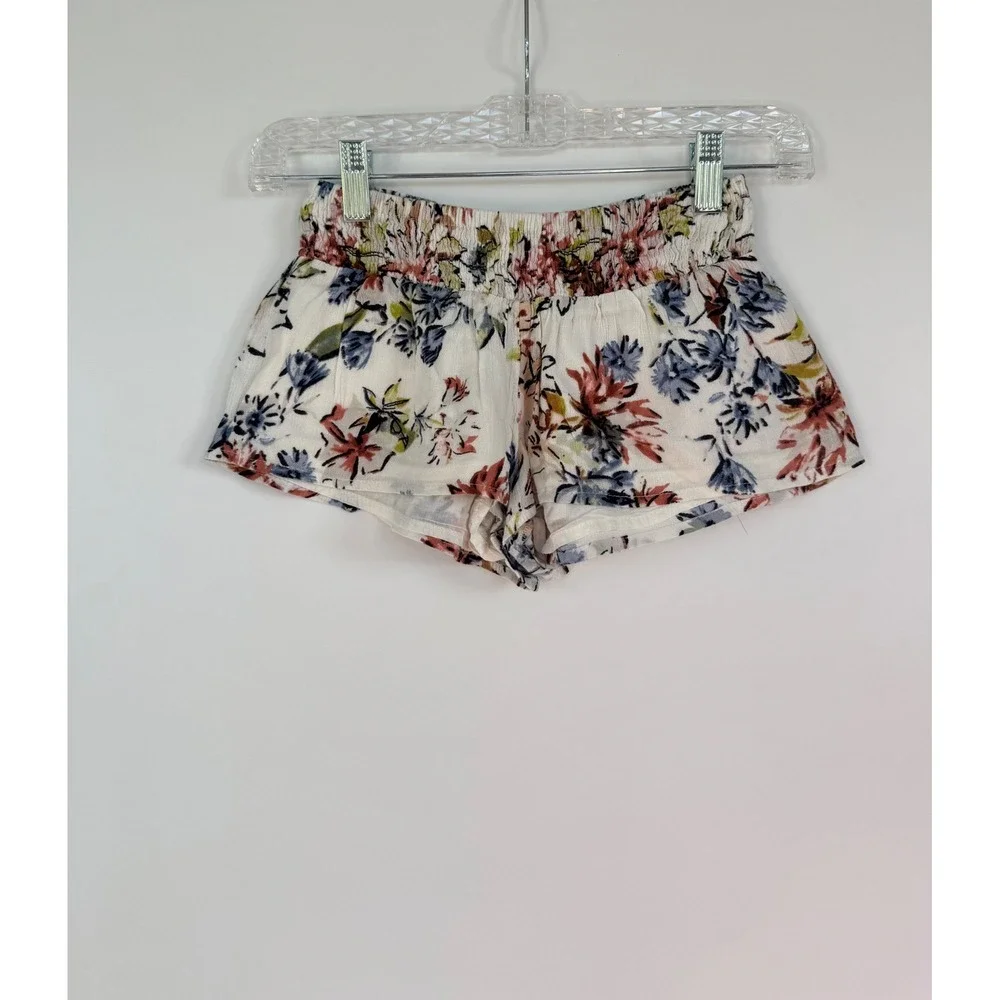 O'Neill Girls Floral Smocked Waist Shorts Cream Pink Blue Size M Beach Tropical